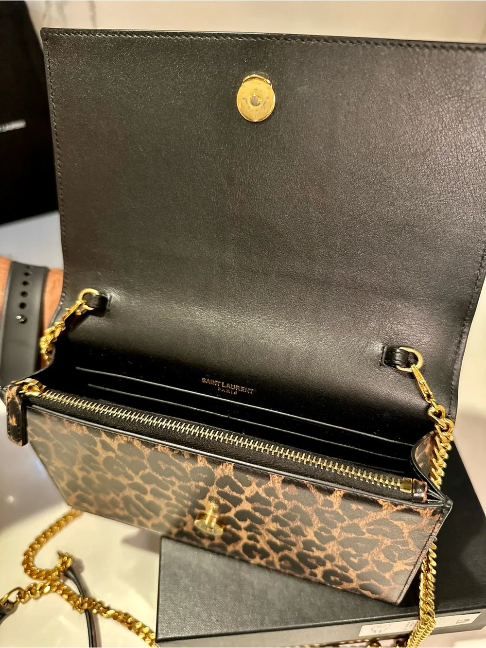 Saint Laurent Leopard Print Phone Crossbody with Gold Tassel